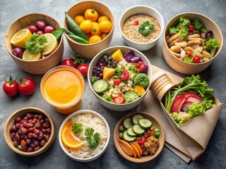 Vibrant and nutritious takeout options in eco-friendly paper containers, featuring fresh salad, soothing soup, poke bowl, buddha bowl, colorful fruits, and revitalizing coffee.
