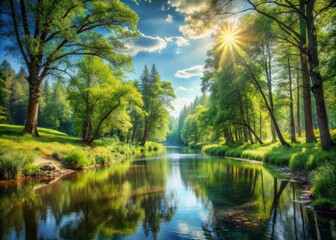 Serene forest landscape featuring a tranquil narrow river, lush green trees, and warm sunny weather, perfect for creative designs and illustrations of realistic nature scenes.