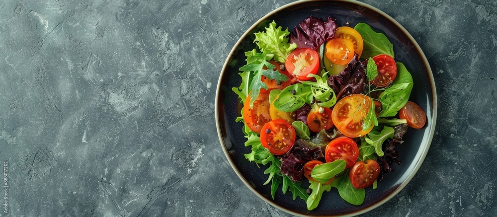 Poster a healthy and tasty salad arranged on a plate from a top down perspective with room for additional e