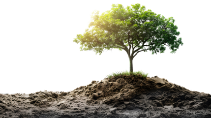 a single tree standing on a mound of soil isolated png transparent background