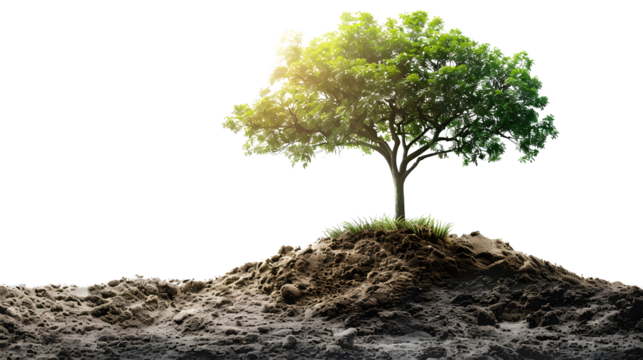 a single tree standing on a mound of soil isolated png transparent background