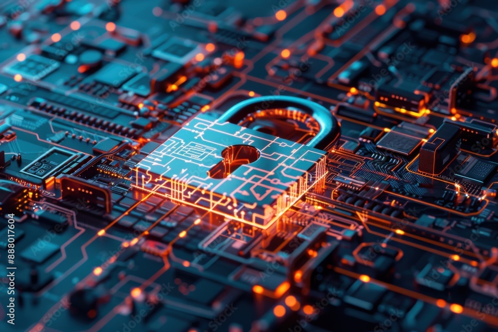 Poster a futuristic padlock symbolizing strong cyber protection, surrounded by a matrix of encrypted data