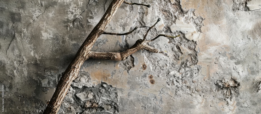 Poster a detailed close up image features the texture of a tree branch against a wall showcasing natural ma