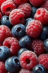Close-up of Frozen Raspberries and Blueberries.