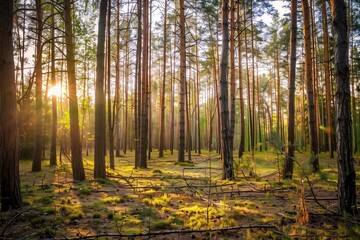 Obraz premium A forest with trees and sunlight shining through the leaves