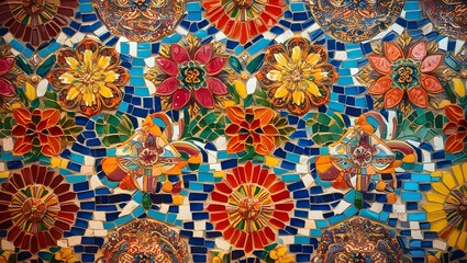 Fototapeta premium Vibrant Mosaic of Floral Patterns Abstract Background, A Tapestry of Traditional Artistry