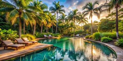 Serene resort pool surrounded by lush greenery and palm trees, with a few lounge chairs and a tranquil water feature in the background.
