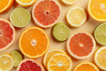 Obraz premium A close up of many oranges on a pink background. The oranges are cut in half and arranged in a pattern. Concept of abundance and freshness, as well as a playful and colorful mood
