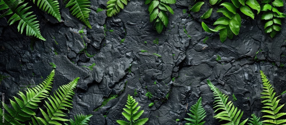 Poster a lush selection of ferns accentuates a dark rock backdrop with ample space for any design or text i