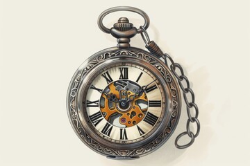 An illustrated vintage pocket watch with intricate details, Roman numerals, and a chain, evoking a sense of nostalgia