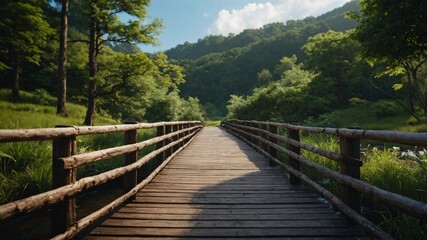 Obraz premium Wooden bridge in nature, background, wallpaper, Anime.