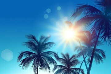 A palm tree is in the foreground of a blue sky. The palm tree is surrounded by other palm trees and the sky is clear and bright