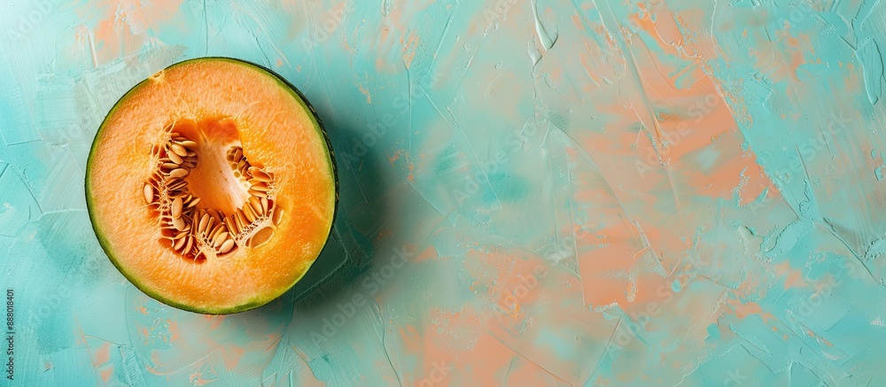 Poster top view of a halved cantaloupe melon on a soft colored backdrop with copy space image