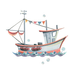 A fishing boat with a mast, a garland of flags and sails floating on waves with bubbles. Hand drawn watercolor illustration on the theme of sea fishing. Composition isolated from the background.