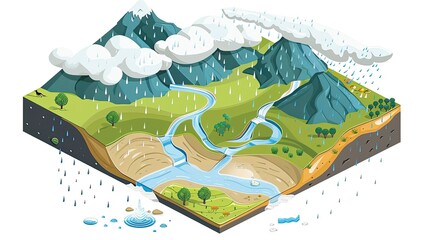Illustrated Mountain River Landscape