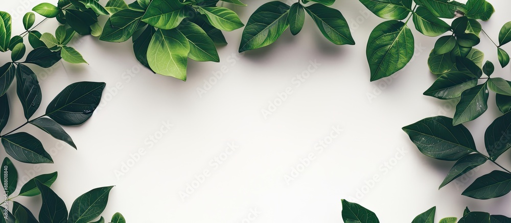 Aufkleber an isolated white background featuring a border of green leaves with shadow for a copy space image