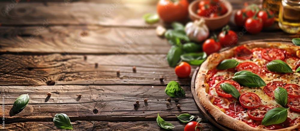 Poster italian pizza displayed on a rustic wooden table with copy space image