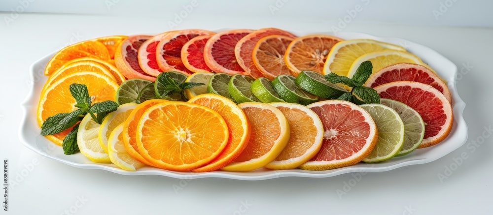 Poster a variety of citrus fruit slices including oranges lemons limes grapefruit and pomelo arranged neatl