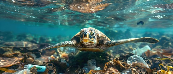 Obraz premium Endangered Turtle Swimming Amid Plastic Pollution, highlighting Marine Life Conservation Concerns