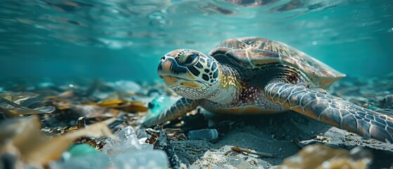 Obraz premium Distressing Scene of a Turtle Swimming Amid Plastic Debris Near Shore, illustrating the Harsh Reality of Marine Pollution Impact