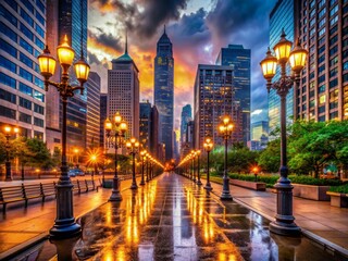 Vibrant colorful streetlights illuminate a deserted cityscape at dusk, casting a warm glow on sleek skyscrapers, wet pavement, and twinkling urban landscape details.