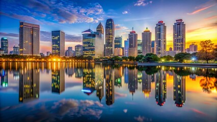 Naklejka premium Panoramic view of a modern urban landscape featuring sleek skyscrapers, bustling streets, and vibrant city lights reflecting off the calm water of a lake at dusk.
