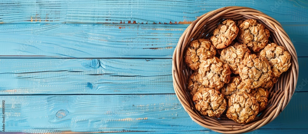 Poster top down view of a wicker basket filled with delicious oatmeal cookies on a blue wooden table offeri