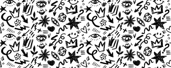Seamless pattern organic grunge bold shapes, eyes, star, crown, arrow,  curved lines and dots. Geometric vector collage in Memphis style.  Hand drawn geometric pattern.
