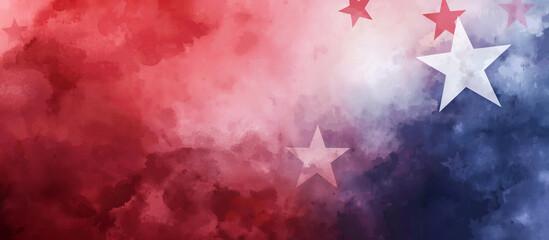 Red, white and blue background with stars in the style of watercolor, american flag themed.
