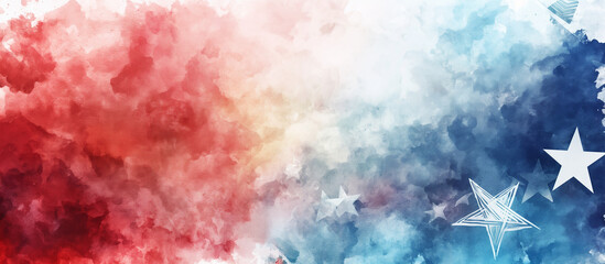 Red, white and blue background with stars in the style of watercolor, american flag themed.
