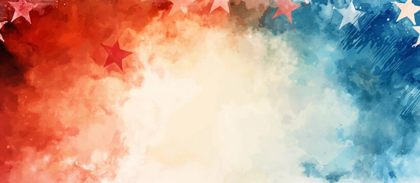 Red, white and blue background with stars in the style of watercolor, american flag themed.
