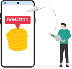User businessman. Donate money with mobile phone. Charity, donation. Online payment with smartphone. Business, finance. Modern flat vector illustration

