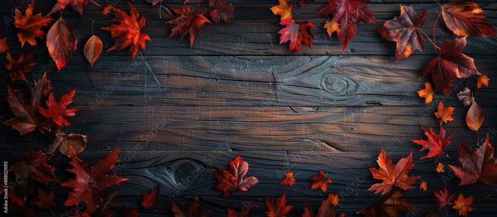 Poster fallen leaves decorate a wooden background forming an autumn themed frame with space for text ideal 