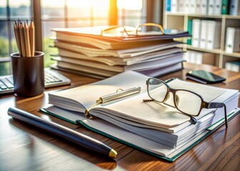 "A meticulously organized desk with open legal processing books, business contracts, and glasses, highlighting attention to detail in financial investment documentation review."
