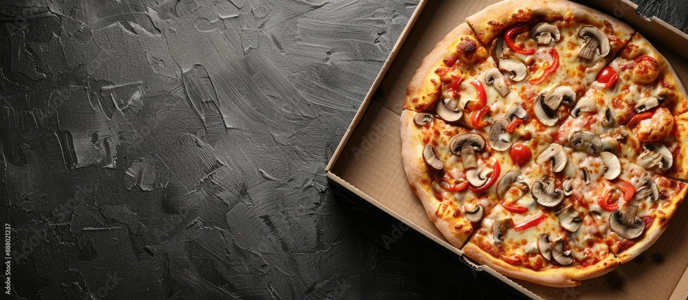 Poster top view of a pizza with cheese and mushrooms in a box on a black background ideal for a copy space 