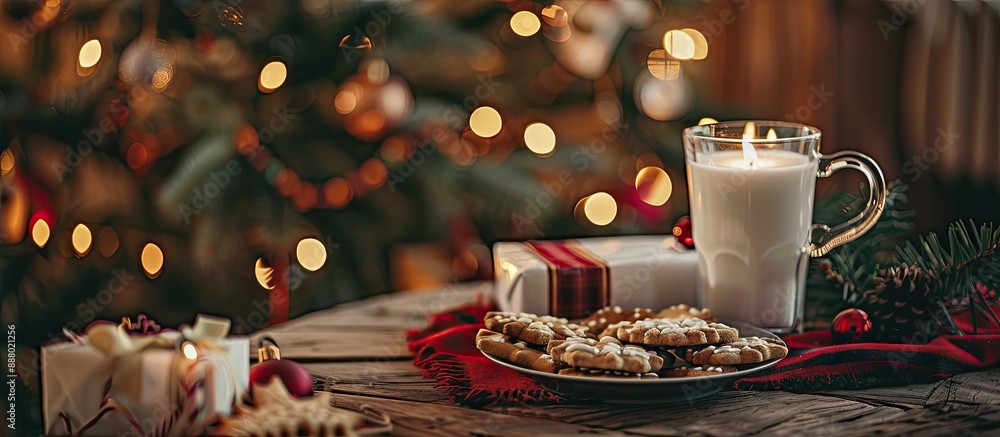 Poster providing milk and cookies for santa claus under the christmas tree with a blank space for your imag