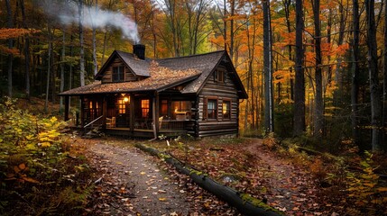Fototapeta premium Serene Woodland Cabin Surrounded by Fall Foliage