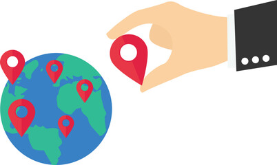 Businessman put new branch pin on world map across globe. Open company branches, franchise in new location. Flat vector illustration

