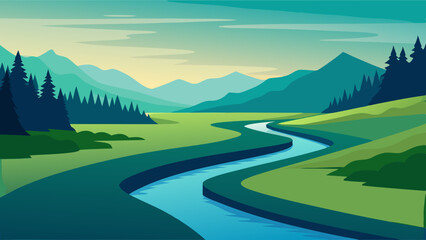River landscape illustration with a view of green fields, mountains and trees