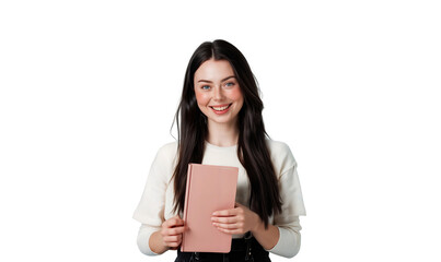 Naklejka premium Smiling young female college student holding a book, isolated on transparent background