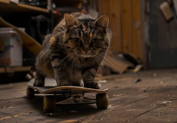 Tabby Cat Skateboarding in a Workshop