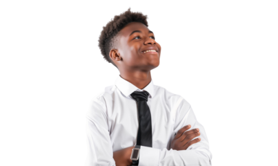 Portrait of a smiling African American high school boy wearing a tie and looking up, isolated on transparent background