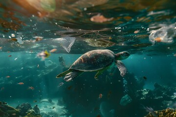 marine pollution, turtles swim in the sea which is polluted by plastic waste, turtle eating plastic