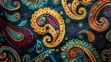 Colorful Paisley Pattern on Dark Blue Fabric.
