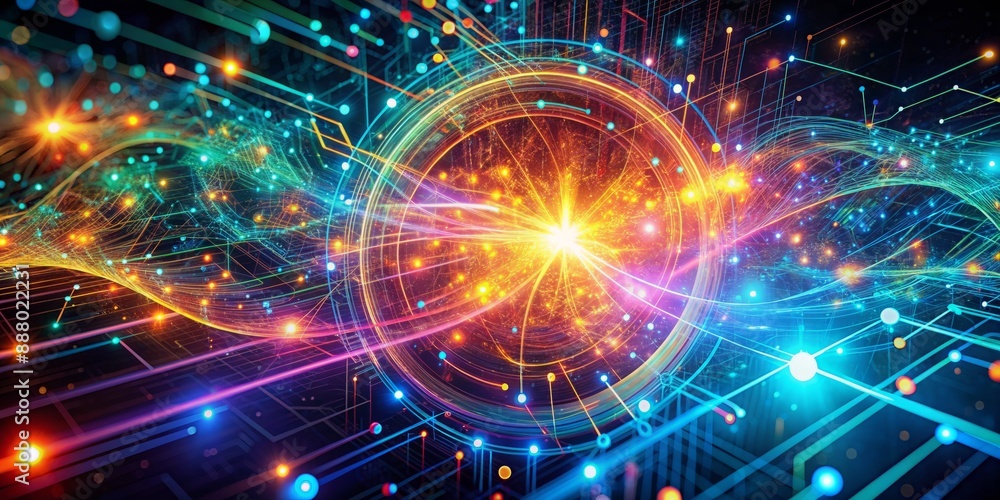 Aufkleber vibrant futuristic digital graphic abstract background featuring swirling particles, neon circuits, 