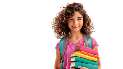 A vibrant, smiling young girl with curly hair holds a stack of colorful books against a white background. Ideal for educational, back-to-school