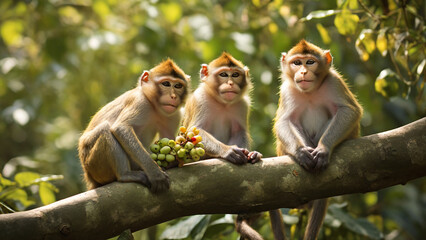 Fototapeta premium In tropical forest ,some young monkeys sits on a sturdy branch.
