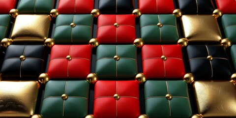 Vibrant geometric pattern with gold, green, and red cushioned squares. The glossy texture and rich colors create a luxurious and festive look.