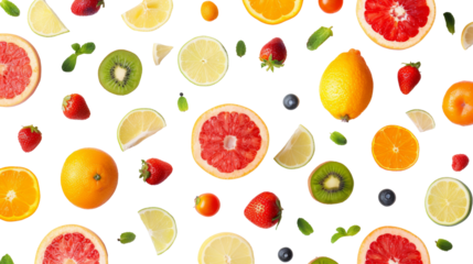 Flat view mixing different of fruits oranges, kiwi, lime, strawberries, lemon isolated on background, Summer tropical Exotic fruits.