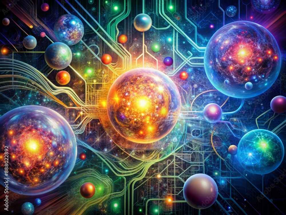 Poster vibrant abstract composition featuring neon circuits, glowing orbs, and swirling fractals, depicting